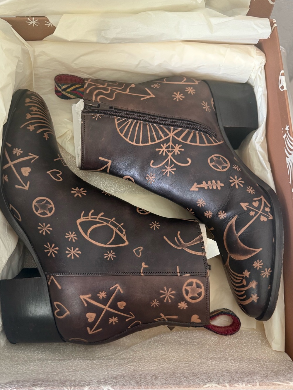 Valentino Garavani Brown Leather Ankle Boots with Tan Celestial Motifs - EU 37